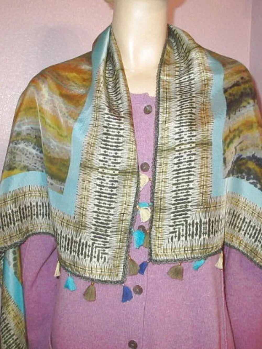 Blank London Silk Scarf Beaded Crochet Tassels Neck Wrap Shawl Boho Artsy NWT